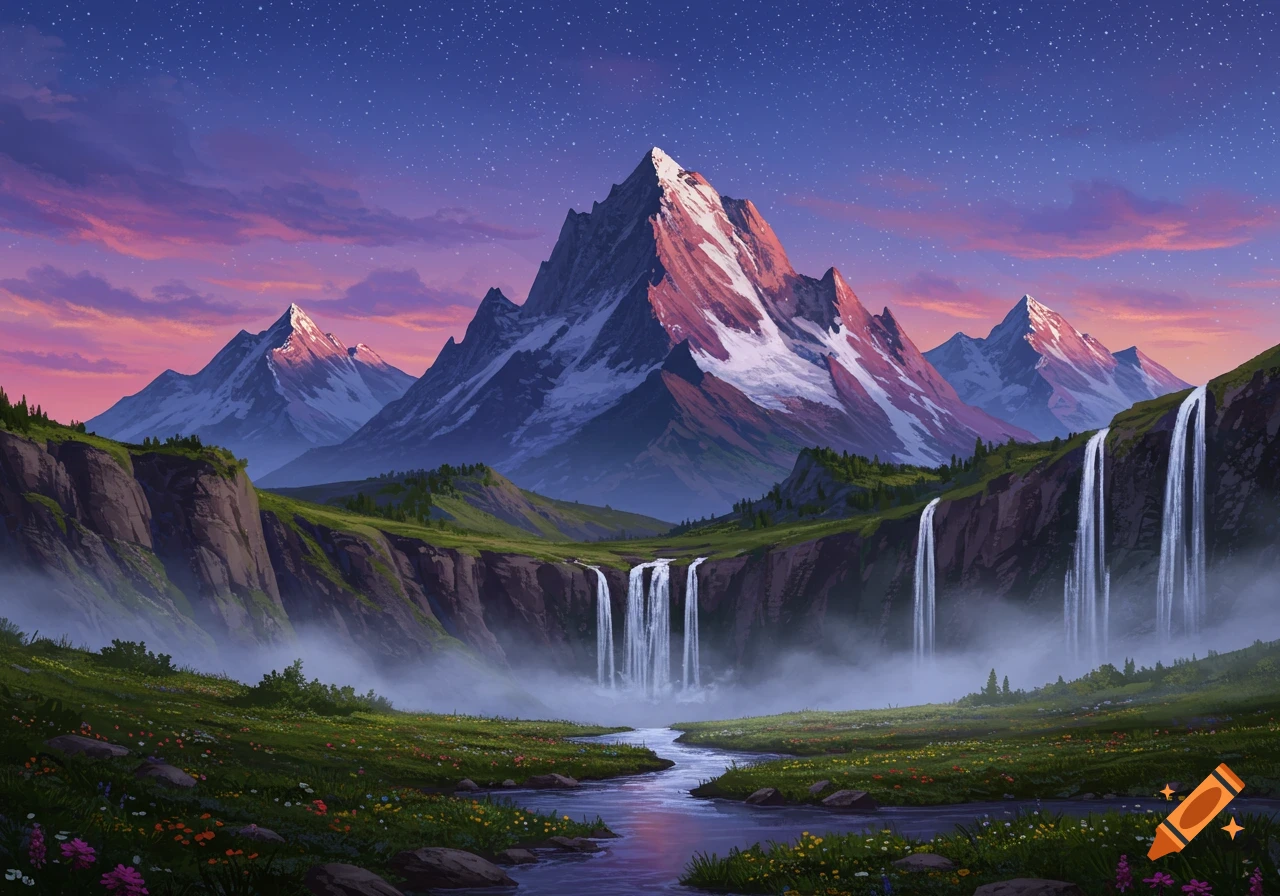 A vibrant mountain landscape at dusk with a starry sky, multiple waterfalls cascading into a river, and a grassy valley with wildflowers.