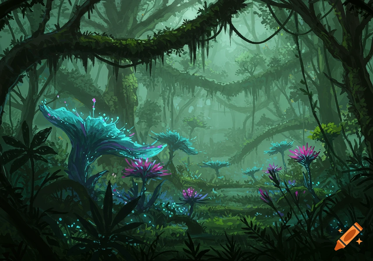 A vibrant, stylized illustration of a dense jungle filled with glowing turquoise and magenta alien-like plants and lush foliage.