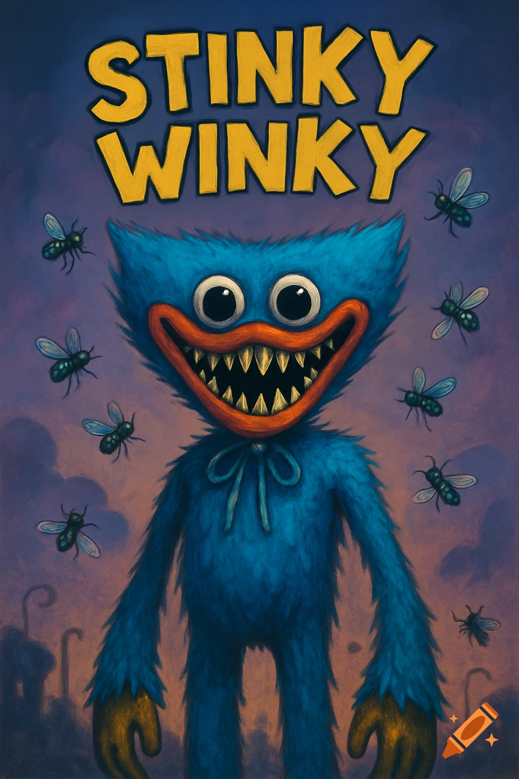 A blue, furry monster with sharp teeth and large eyes, resembling Huggy Wuggy, is surrounded by flies. Text reads "STINKY WINKY".