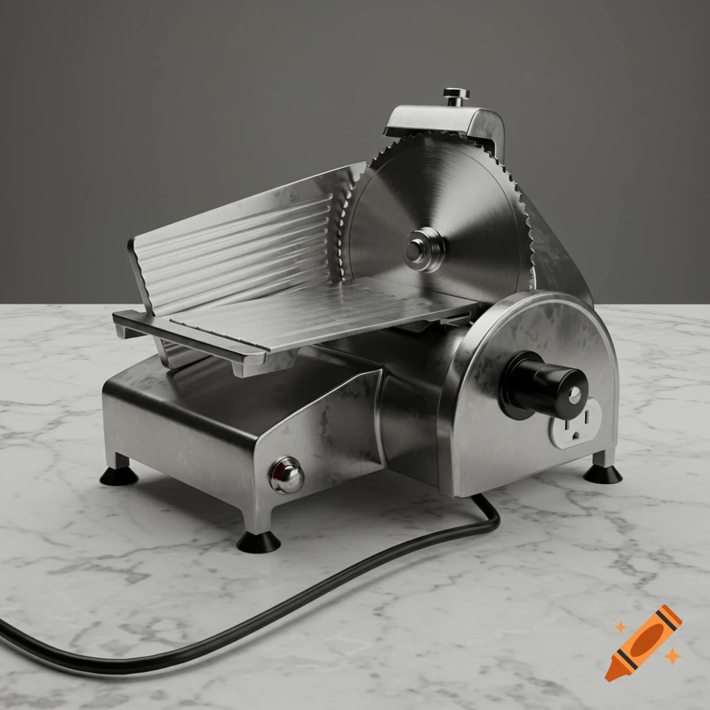 Photorealistic stainless steel rotary slicer with a power cord on a white marble countertop.