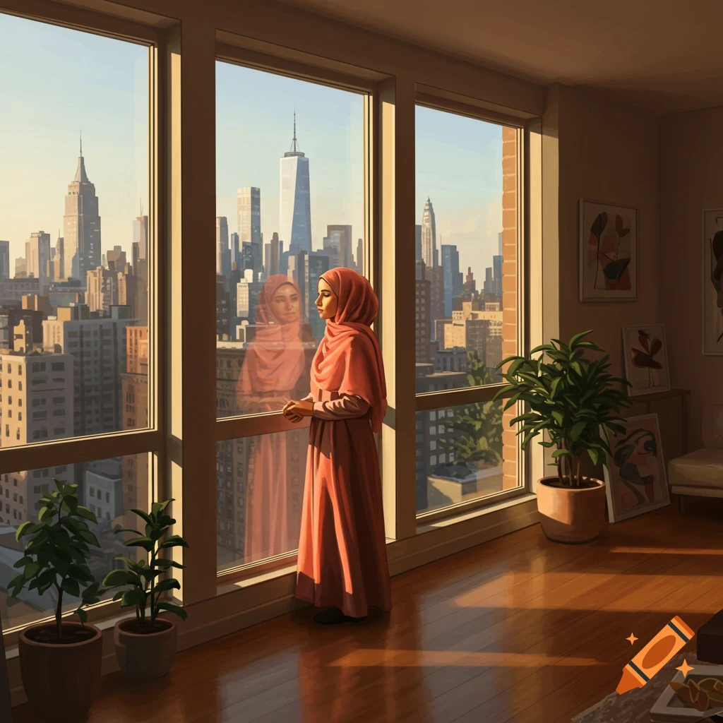 A Muslim woman in a salmon-colored dress and hijab looks out an apartment window at the New York City skyline.