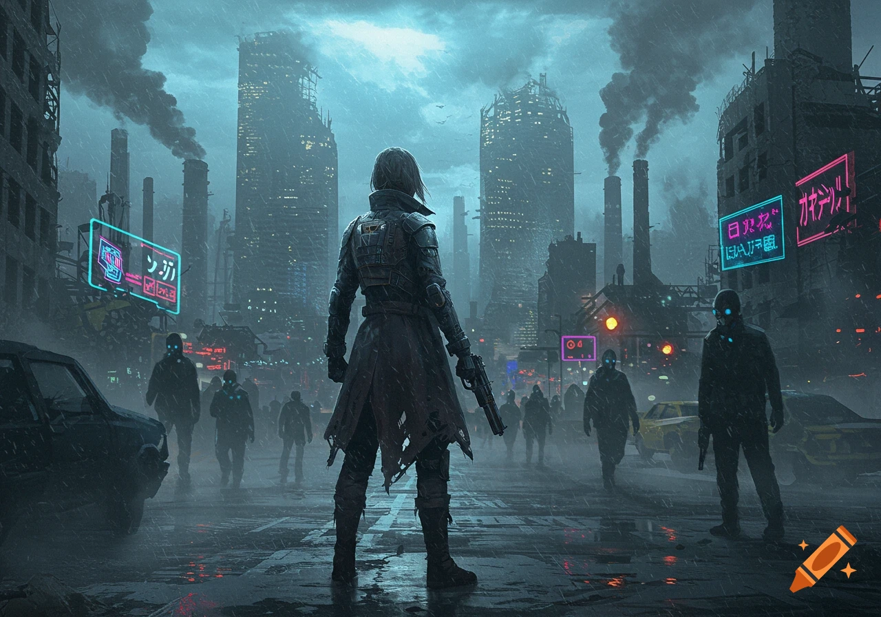 A lone figure in futuristic armor with a gun stands in a rainy, dark dystopian city with neon signs and other figures.
