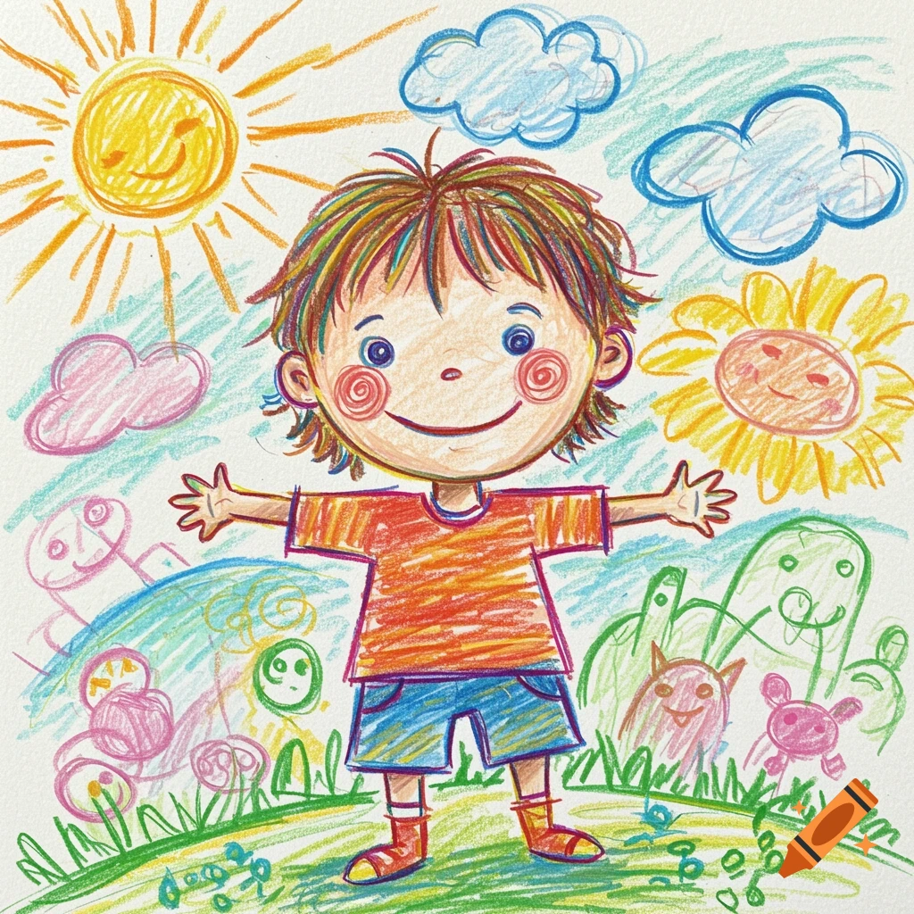 Colorful crayon drawing of a smiling child with outstretched arms in a vibrant outdoor scene.