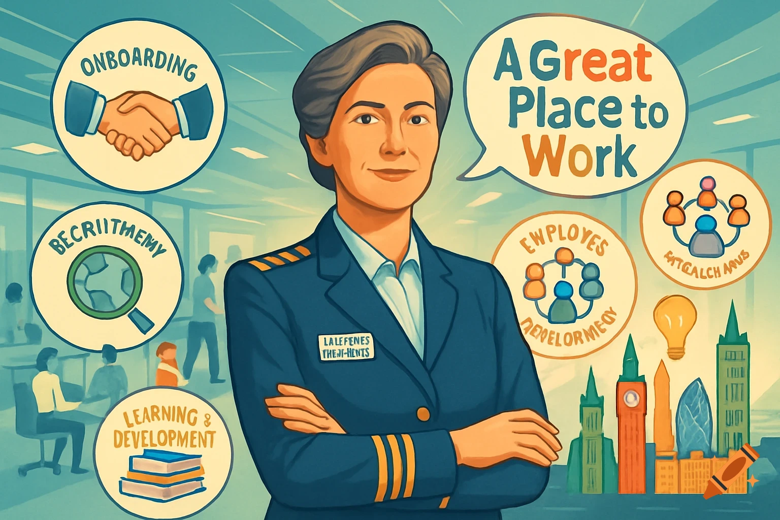 An illustration of a female captain in uniform, with HR-themed icons like onboarding and learning, a speech bubble saying 'A Great Place to Work', and cityscapes of London and Manchester.