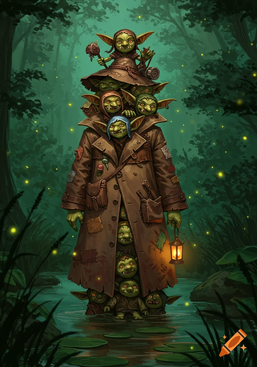 A towering stack of green goblins in a brown trench coat walks through a dark, glowing forest with a lantern, digital art.