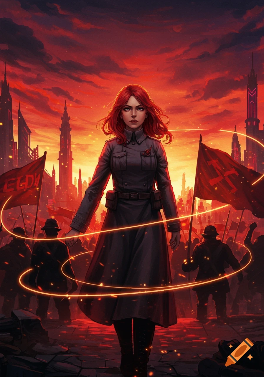 Red-haired anime girl in uniform stands in a dramatic dystopian city with a fiery sky and a flag-waving crowd.