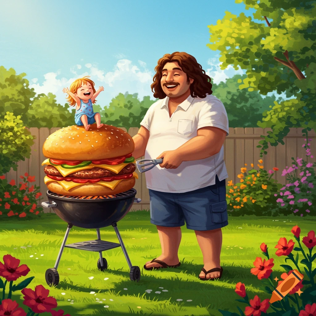 A cartoon man with long curly hair grills a giant burger in a sunny backyard while a small child sits happily on top of the burger bun.