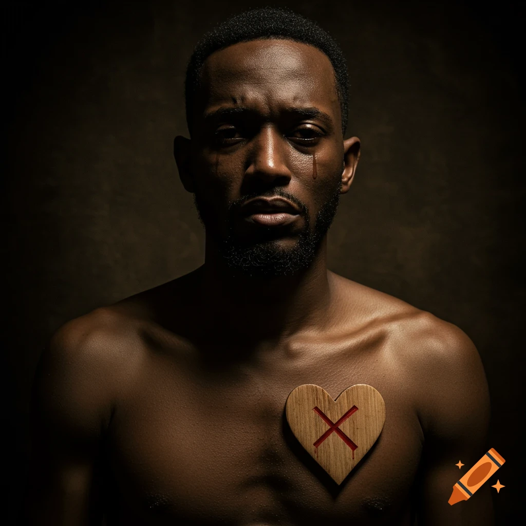 Photorealistic portrait of a sad, shirtless man with a tear on his cheek and a wooden heart with a red X on his chest.