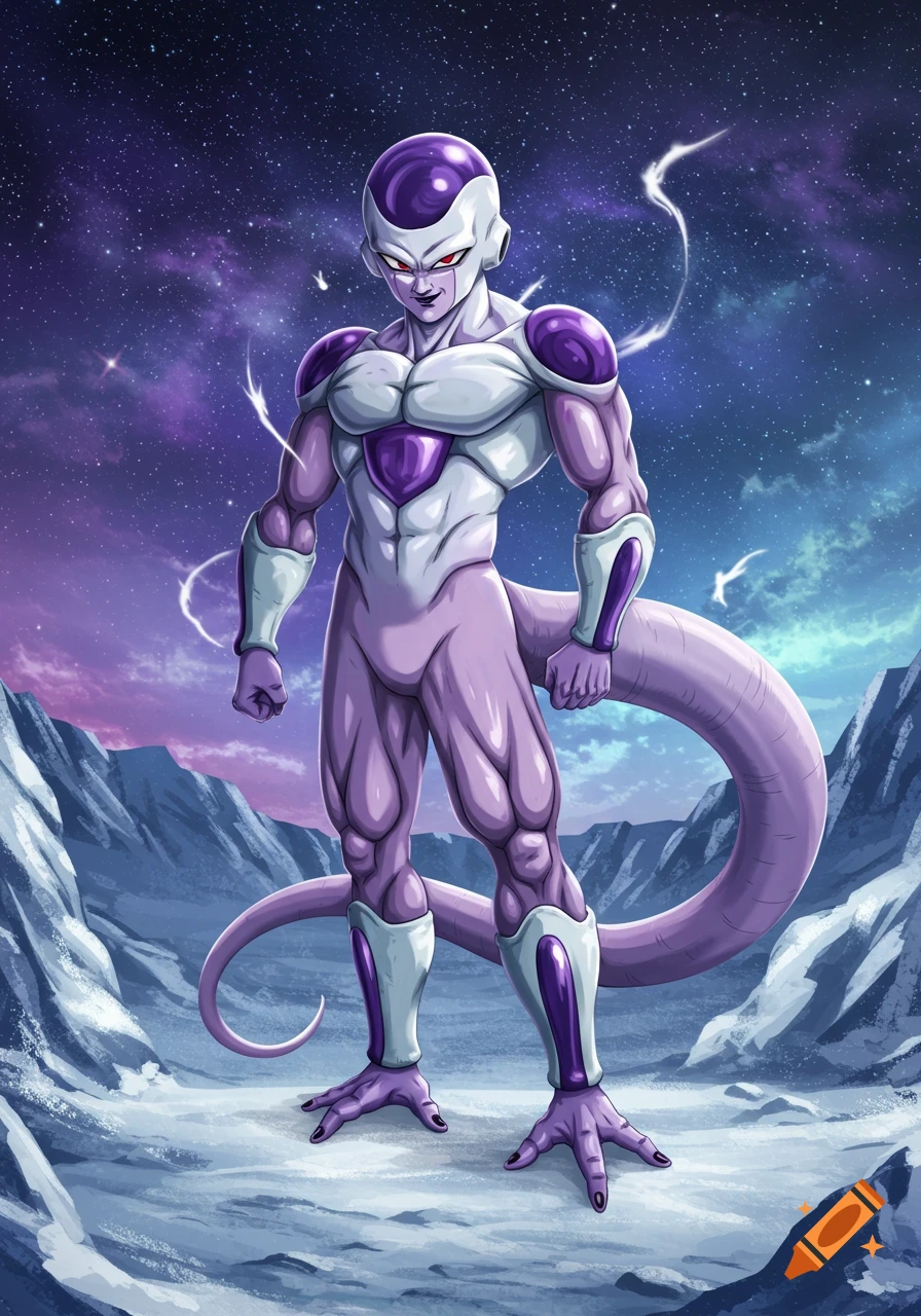 Frieza, a purple and white alien, stands on an icy planet under a starry, purple nebula sky in an anime style.