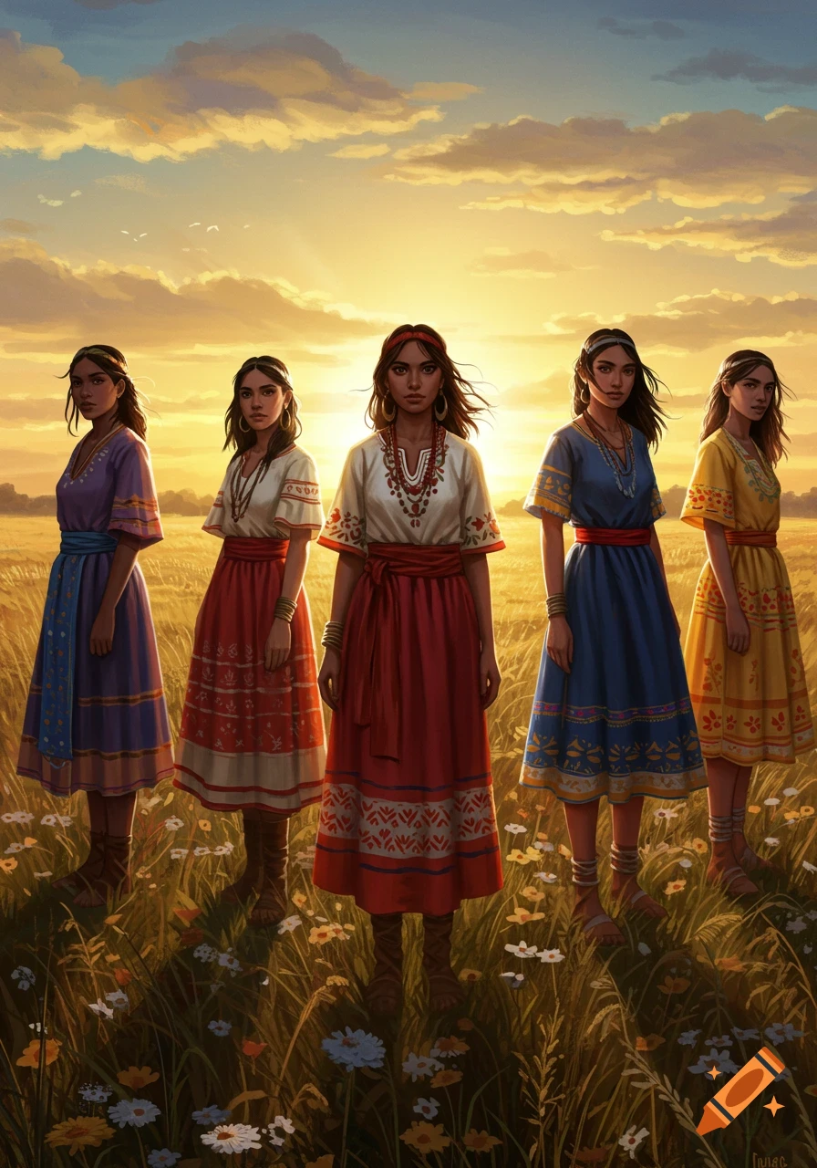 Five women in colorful traditional dresses stand in a wildflower field at sunset, painted digitally.