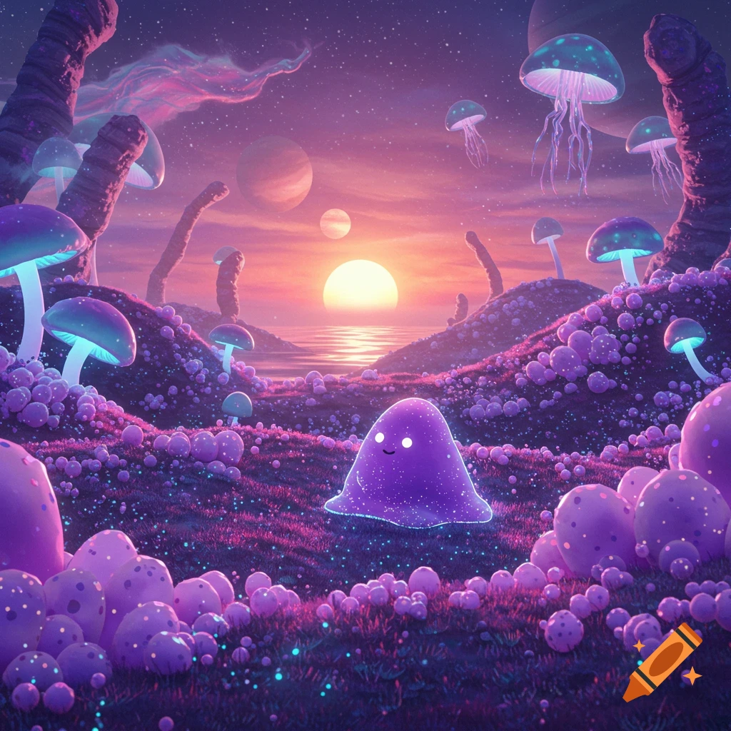 A vibrant alien landscape with a purple blob alien, glowing mushrooms, jellyfish creatures, and multiple planets at sunset.