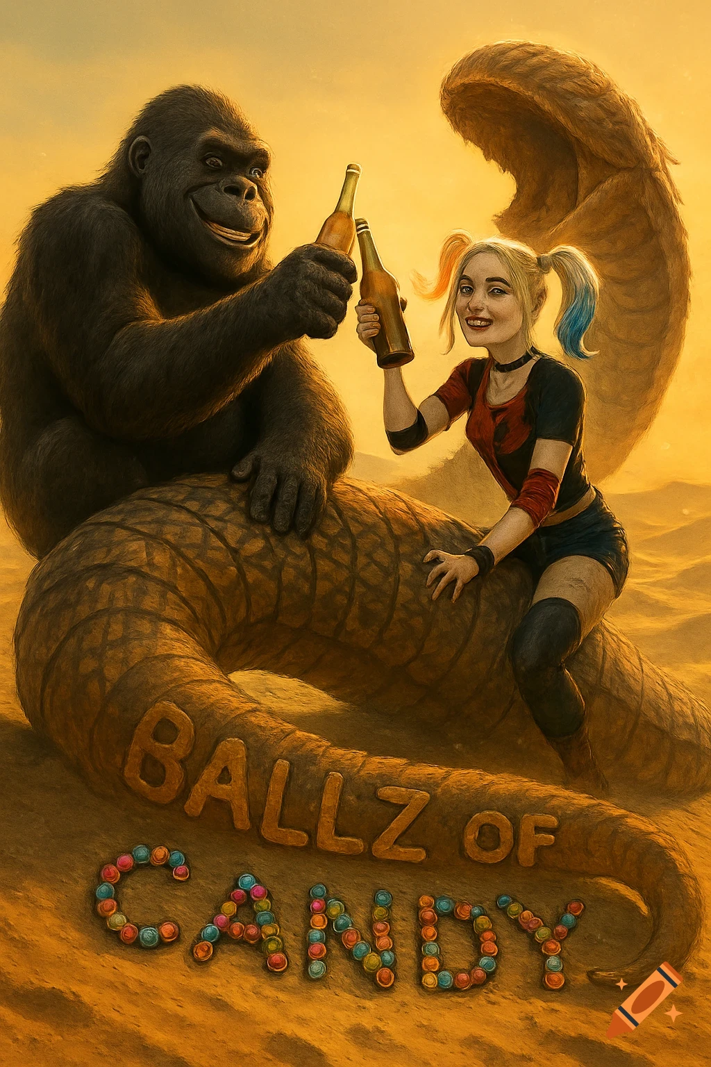 Harley Quinn and a gorilla on a large sandworm in a desert, toasting with beer, 'BALLZ OF CANDY' in the sand.
