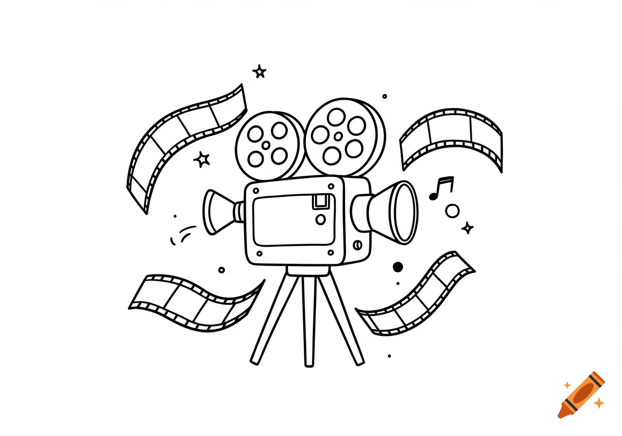 Black and white line drawing of a vintage movie camera on a tripod, surrounded by film strips, stars, and musical notes.