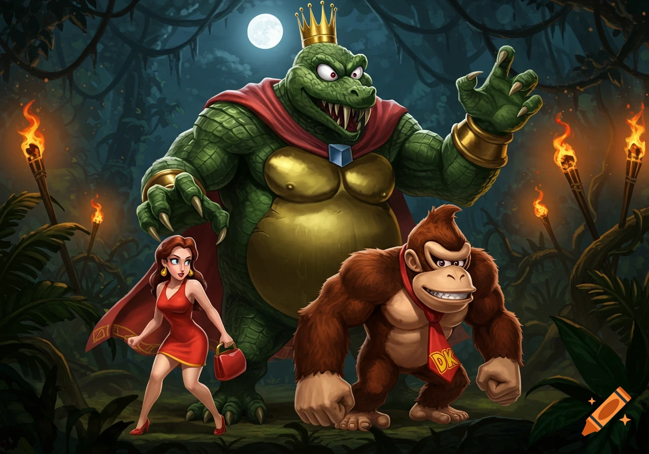 King K. Rool looms over Donkey Kong and Pauline in a moonlit jungle with torches, cartoon style.