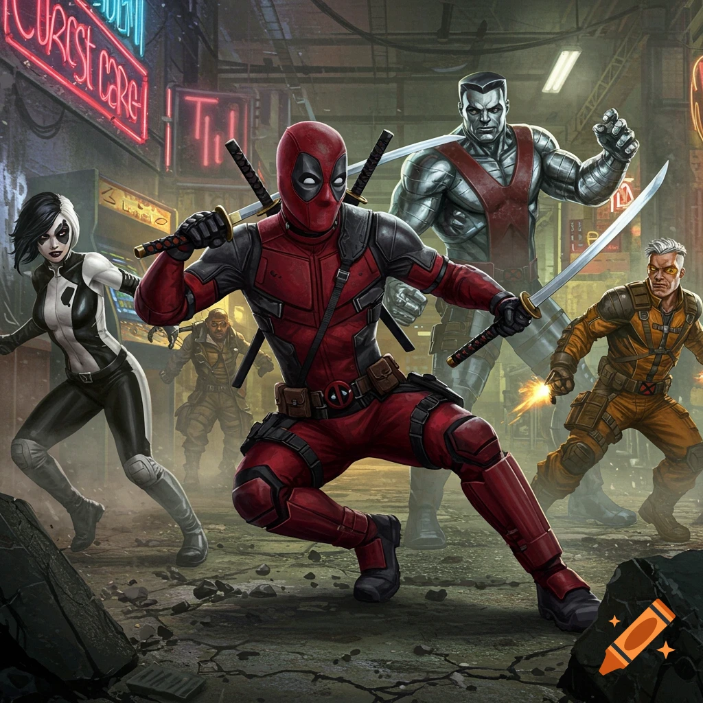 Deadpool, Domino, Colossus, and Cable in dynamic poses in a neon-lit, gritty urban alleyway, comic art style.