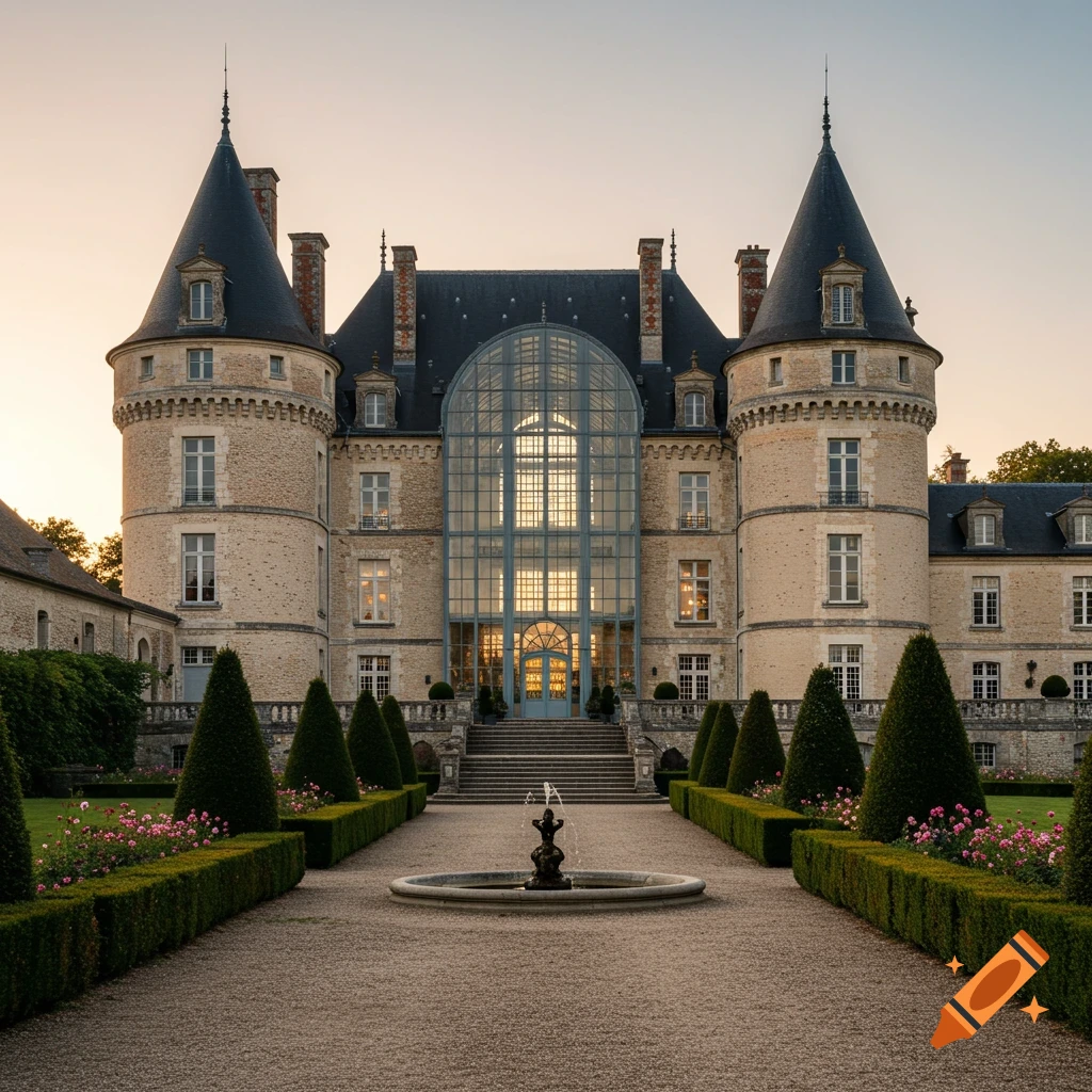 A grand French chateau with elegant towers, a large glass facade, manicured gardens, and a fountain, bathed in golden hour sunlight.