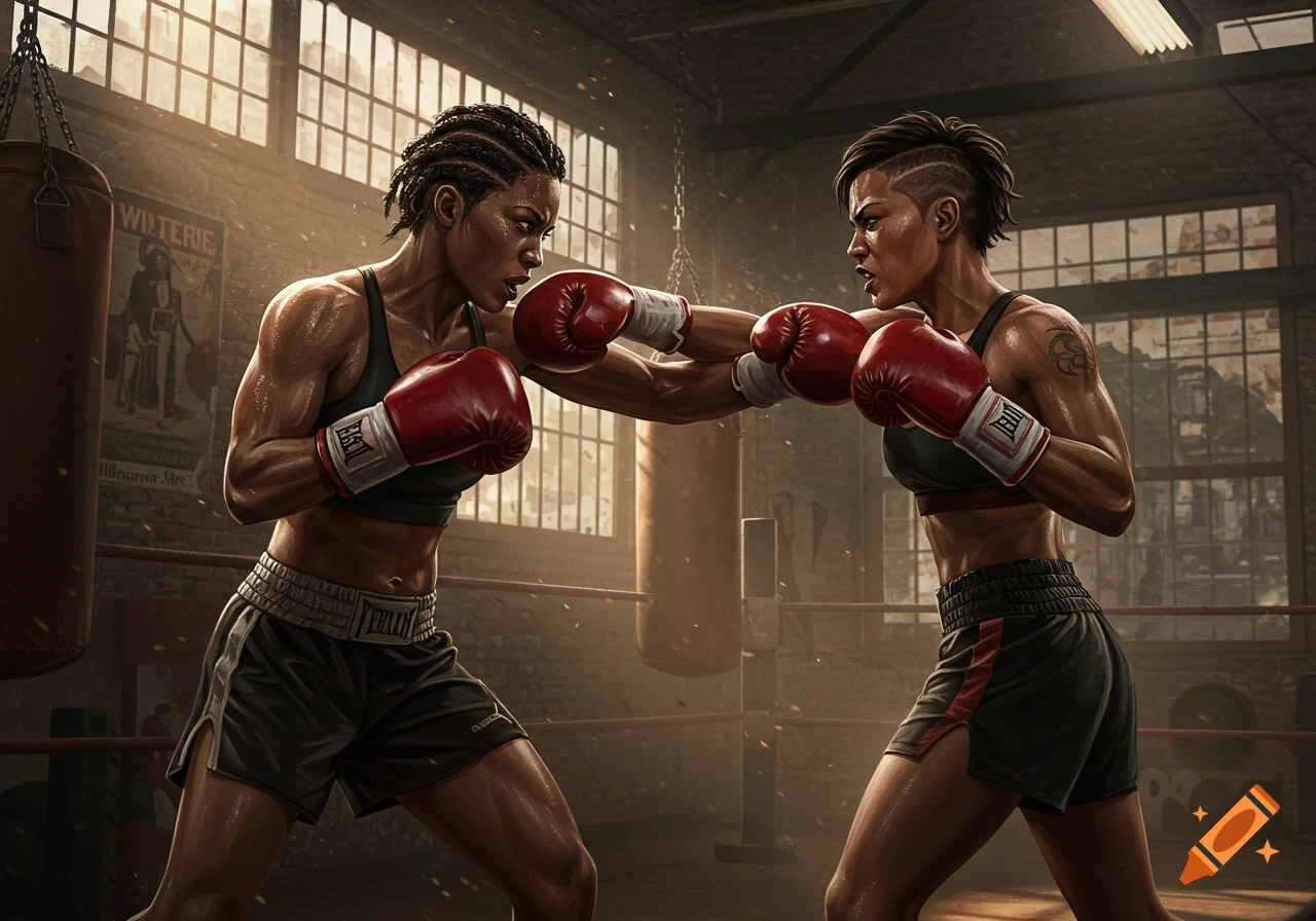 Two muscular women boxing in a gritty gym, one throwing a punch at the other, both wearing red boxing gloves.