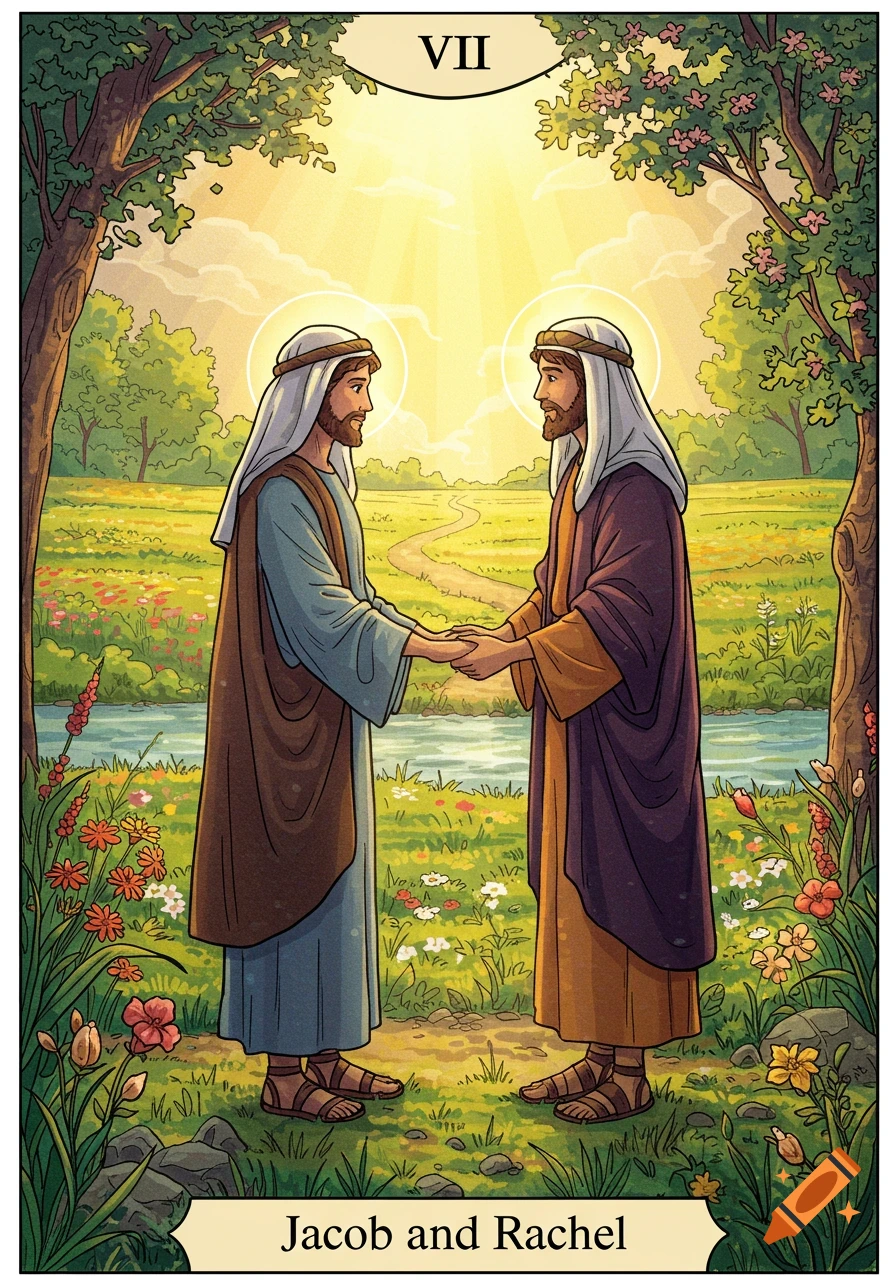 Illustrated scene of two men, Jacob and Rachel, in ancient attire, holding hands in a sunny, lush pastoral landscape with trees, a river, and flowers.