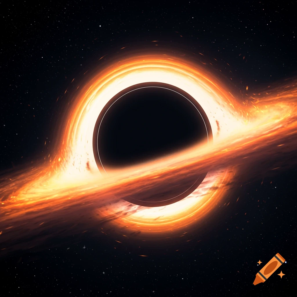 A vibrant, glowing orange and red accretion disk surrounds a black hole against a star-filled dark space background.