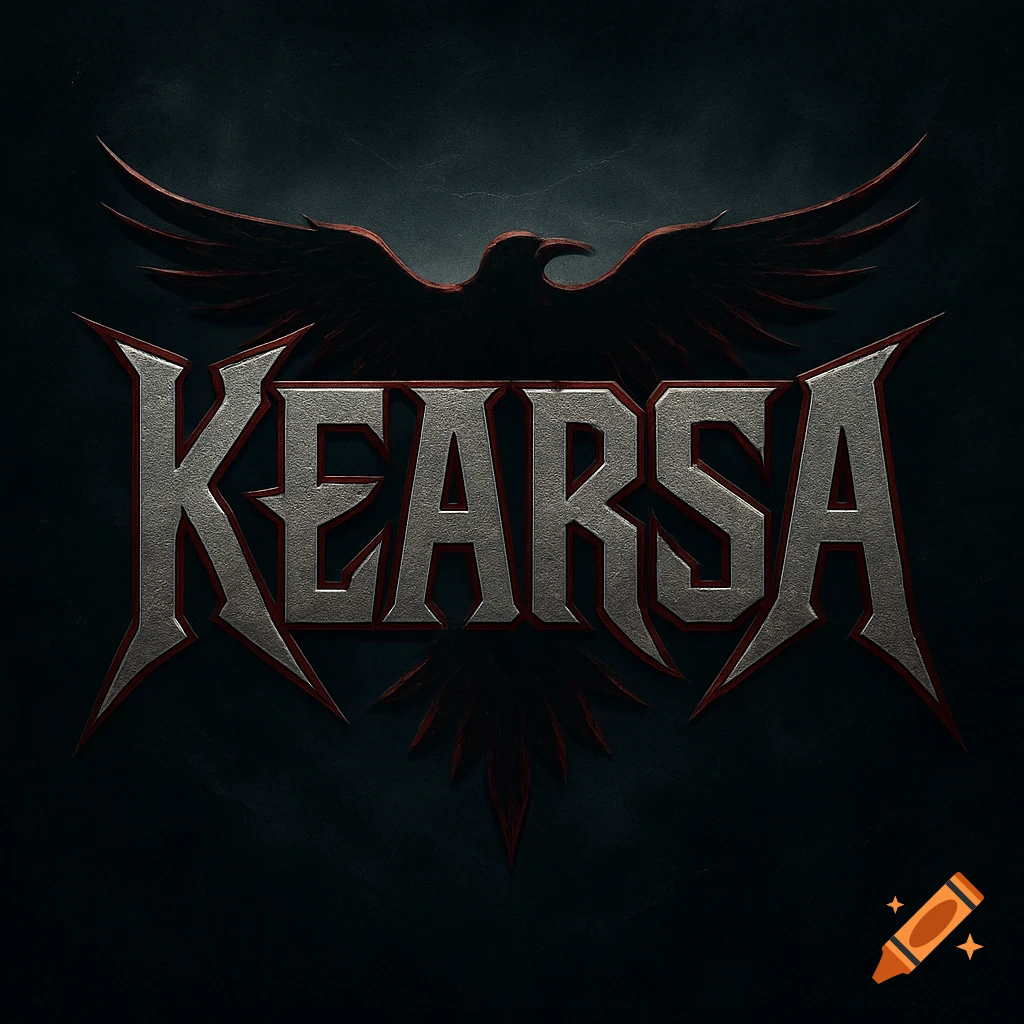 A dark, silver and red metal band logo for 'KEARSA' with a silhouette of a bird, likely a raven or eagle, behind the text.