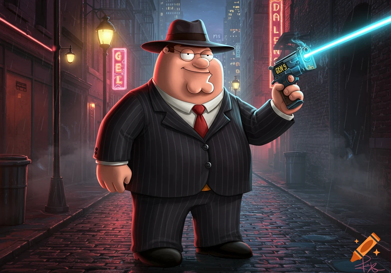 Peter Griffin as a gangster in a pinstripe suit and fedora, holding a futuristic laser gun in a rainy city alley.