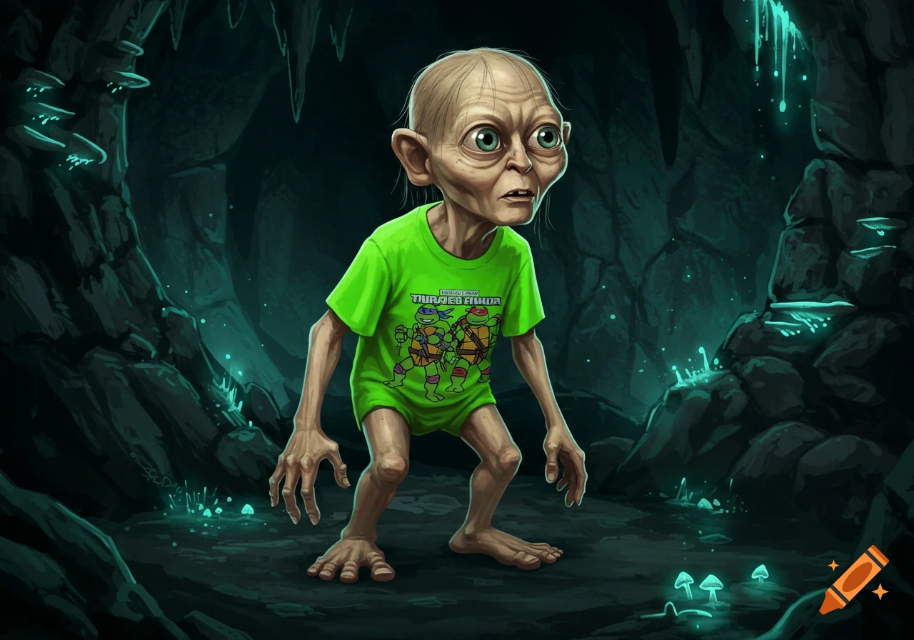 An illustration of Gollum wearing a bright green Teenage Mutant Ninja Turtles t-shirt, standing in a dark, glowing cave.
