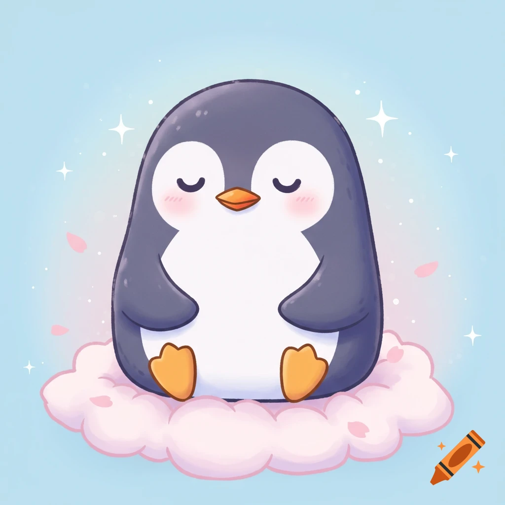 A cute cartoon pudgy penguin with closed eyes sitting on a pink cloud, surrounded by sparkles and pink petals.