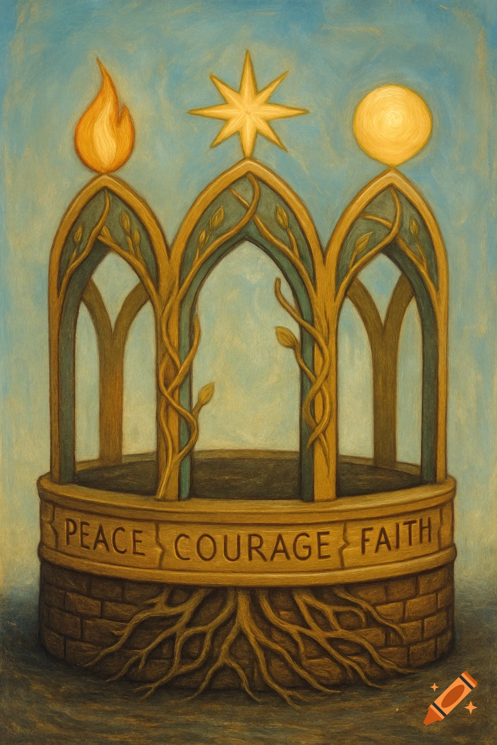 A painted symbolic structure with three arches, topped by a flame, star, and sun. Roots and vines adorn it, with 'PEACE COURAGE FAITH' inscribed on the base.