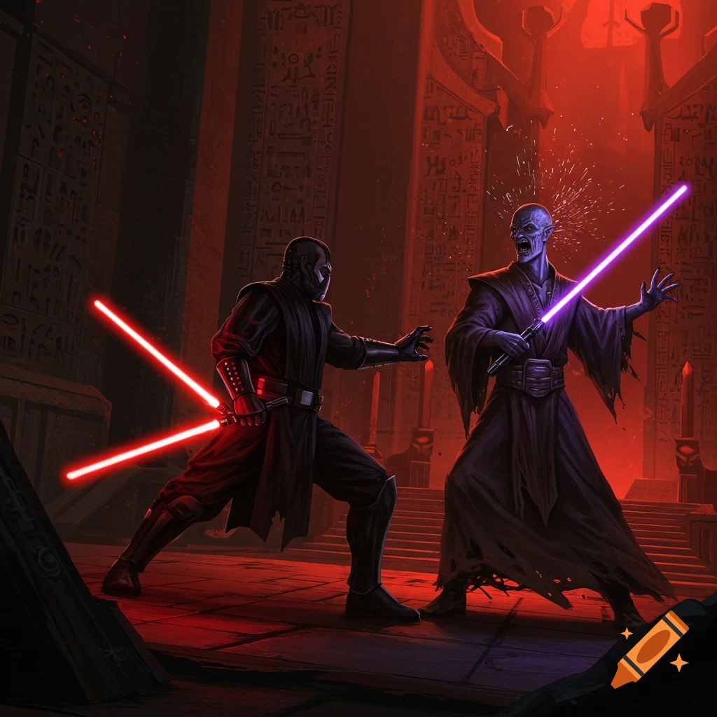 Darth Bane, with two red lightsabers, fights Darth Magus, a gaunt blue figure with a purple lightsaber, in an ancient, red-lit temple.