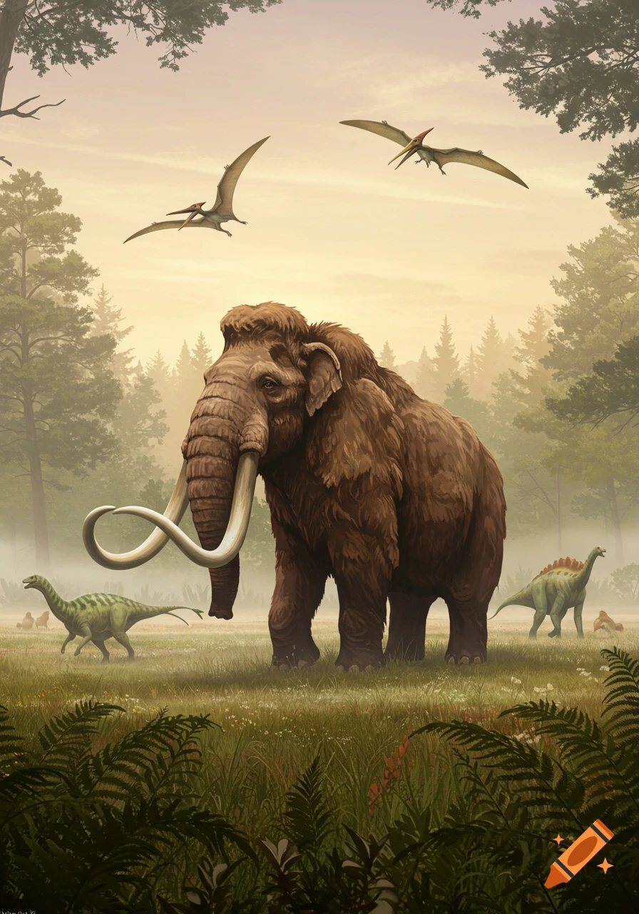 Illustration of a woolly mammoth with curved tusks in a grassy field, with dinosaurs and pterosaurs in a misty forest background.
