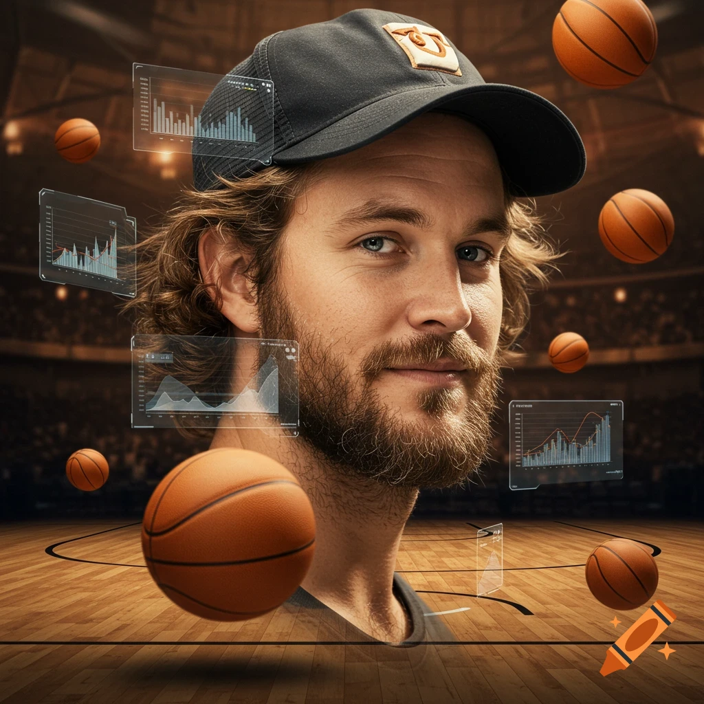 A man with a beard and baseball cap is surrounded by floating basketballs and holographic charts in a basketball arena.