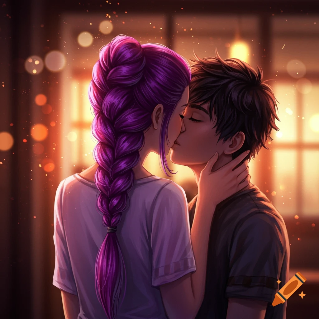 Illustrated couple with purple and black hair kissing tenderly in a warm, softly lit setting.