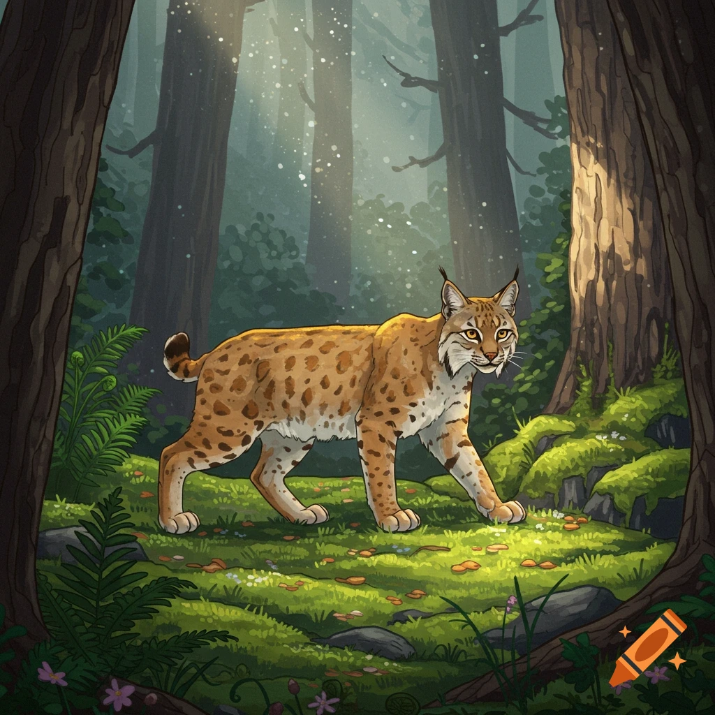 An illustrated bobcat with spotted fur walks through a lush, sun-dappled forest.