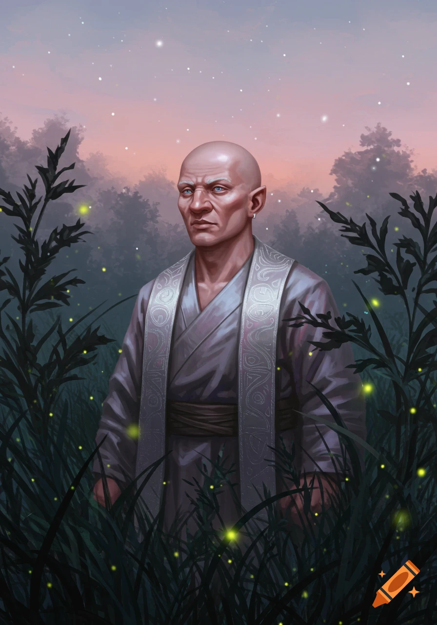 A bald, pale-skinned man in a grey patterned robe stands in tall grass with fireflies, under a twilight sky.