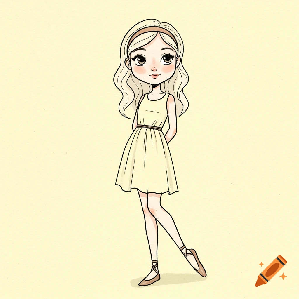 A cute cartoon girl with blonde wavy hair and a headband, wearing a pale yellow dress and ballet flats, in a retro sketch style.
