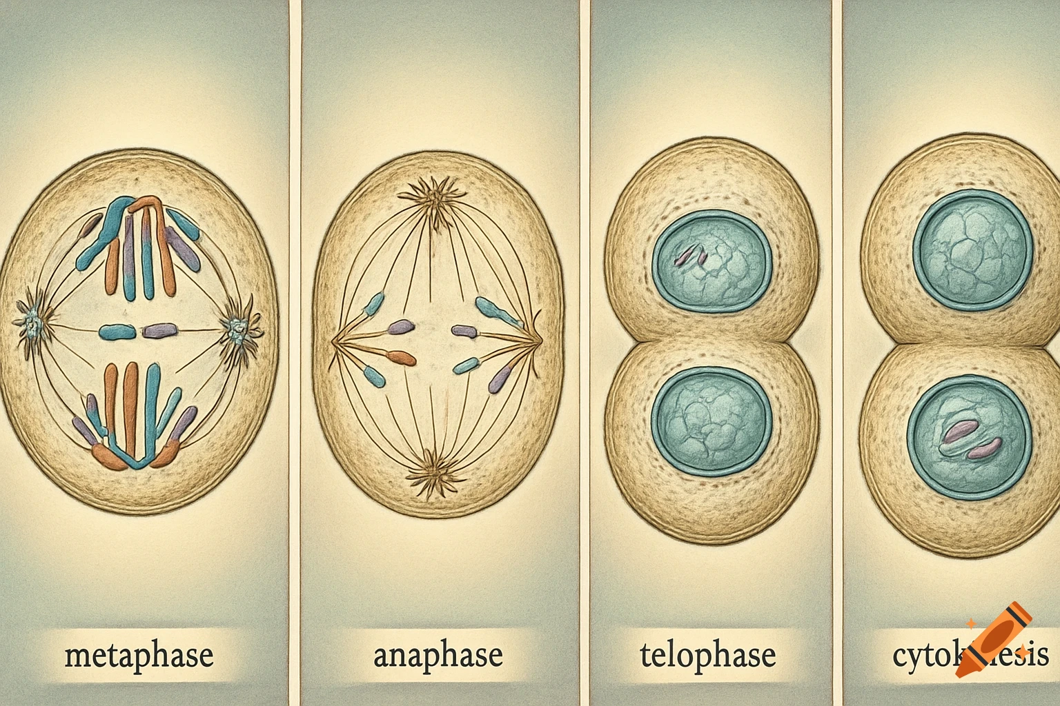 Scientific illustration of animal cell mitosis showing metaphase, anaphase, telophase, and cytokinesis with chromosomes and spindle fibers.