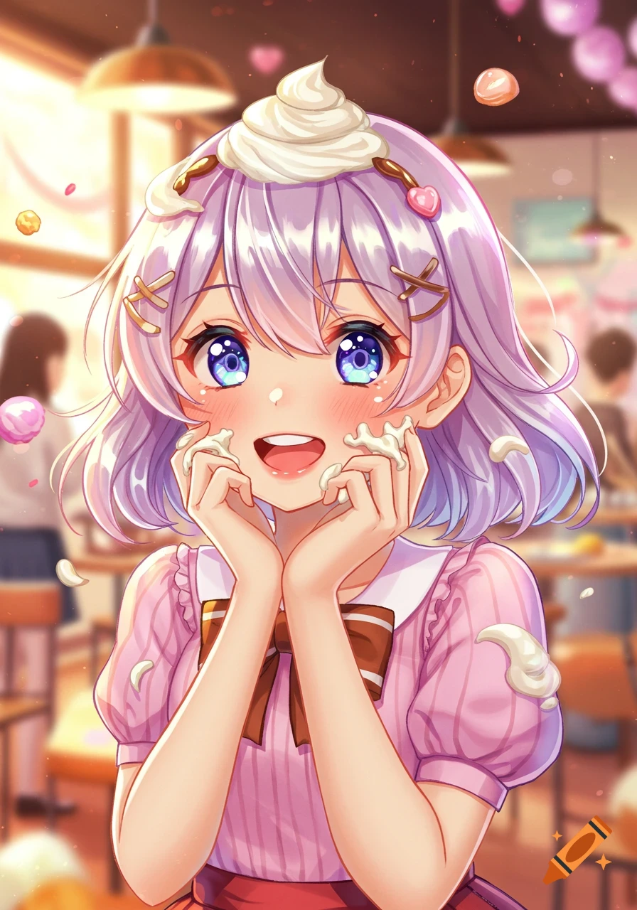 A cute anime girl with purple hair, blue eyes, and whipped cream on her face, smiling in a brightly lit cafe.