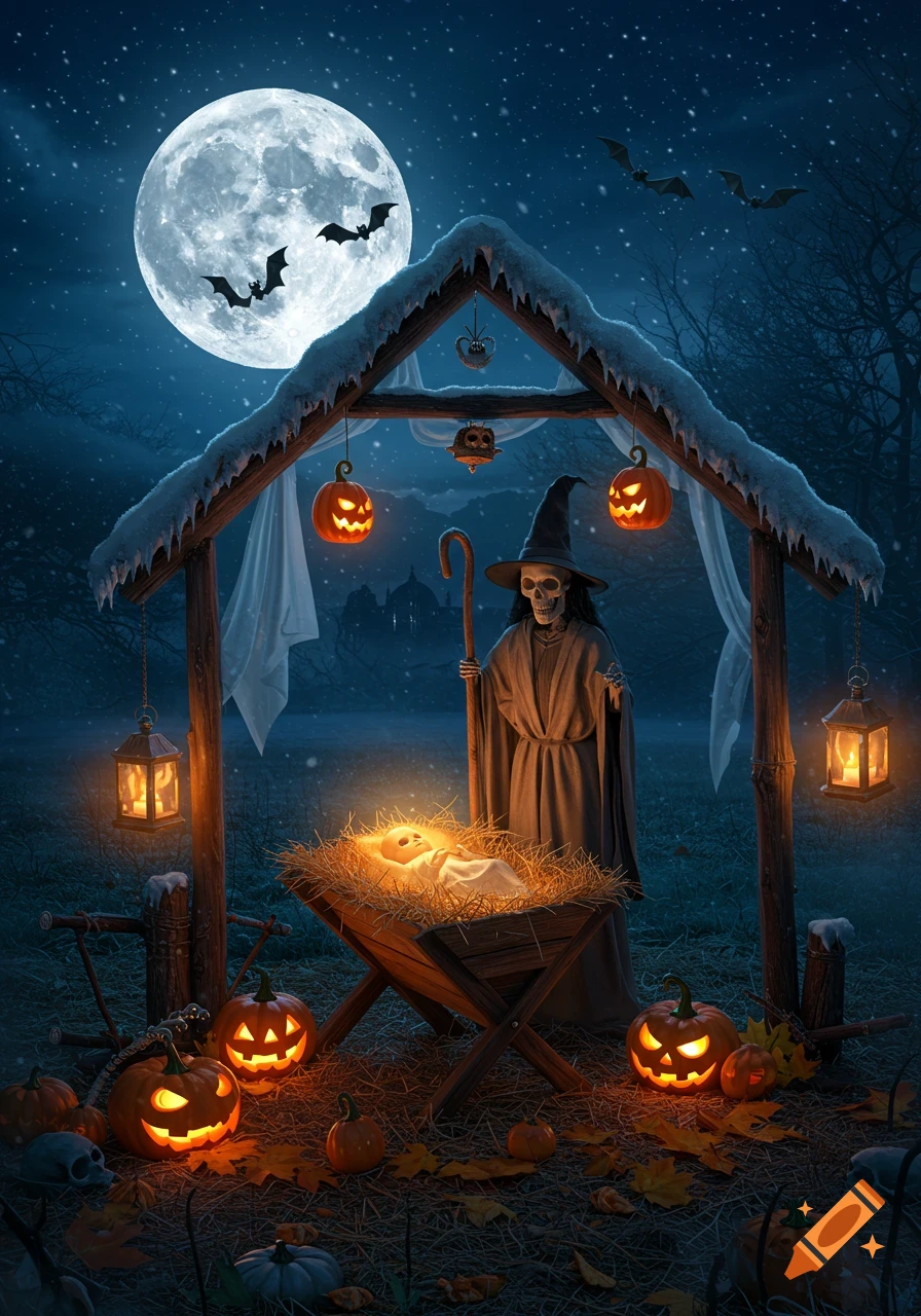 A skeleton witch watches a glowing baby in a manger under a full moon, surrounded by Halloween pumpkins and snow.