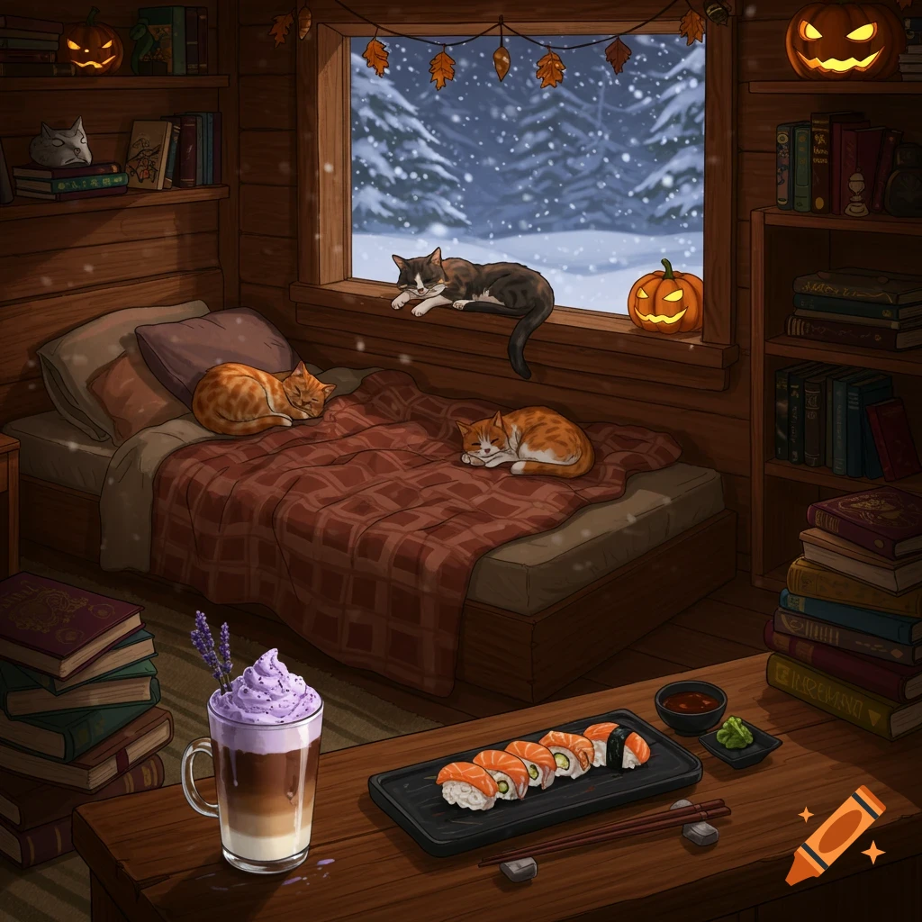Illustrated cozy cabin room with sleeping cats, snowy window, Halloween pumpkins, books, a lavender latte, and sushi.