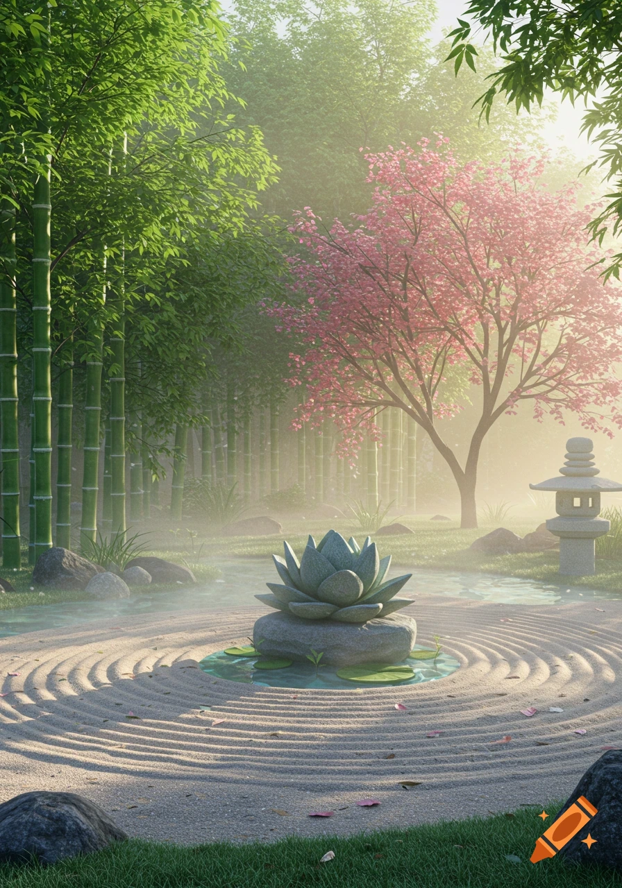 A serene Japanese zen garden with bamboo, pink cherry blossoms, a stone lotus, and a lantern in soft morning light.