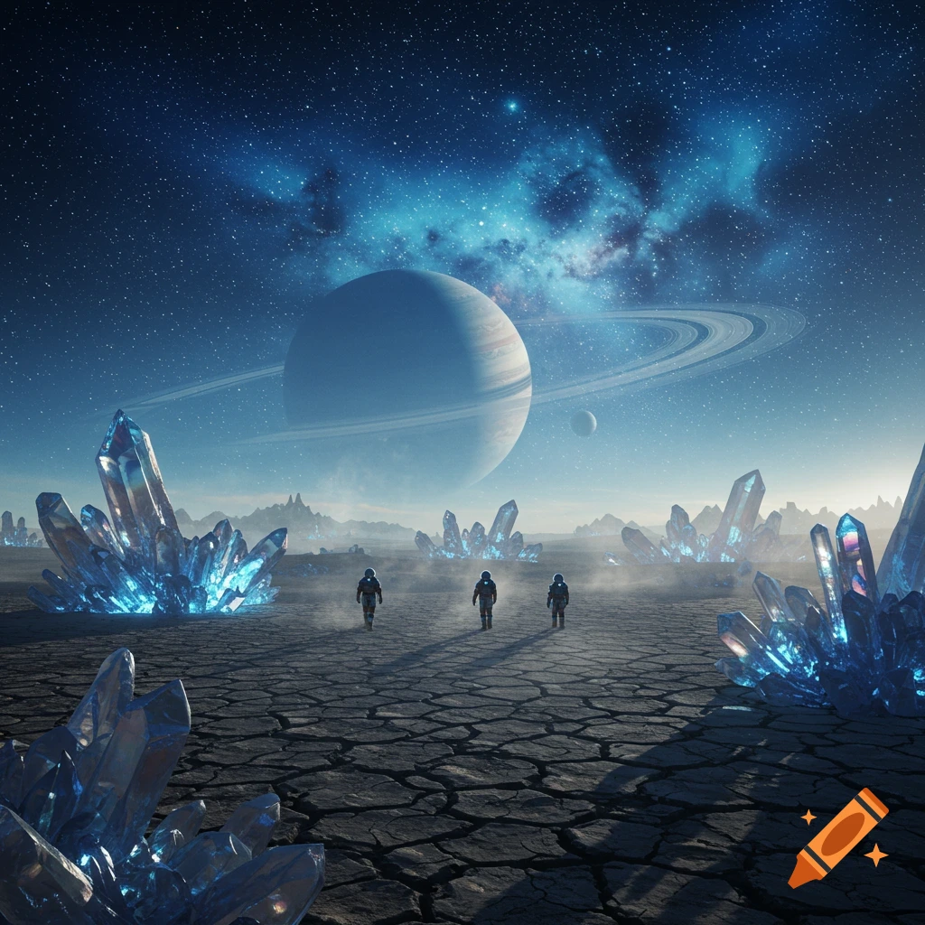 Three astronauts walk across a cracked, dry alien planet covered in glowing blue crystals under a starry sky with a large ringed planet.