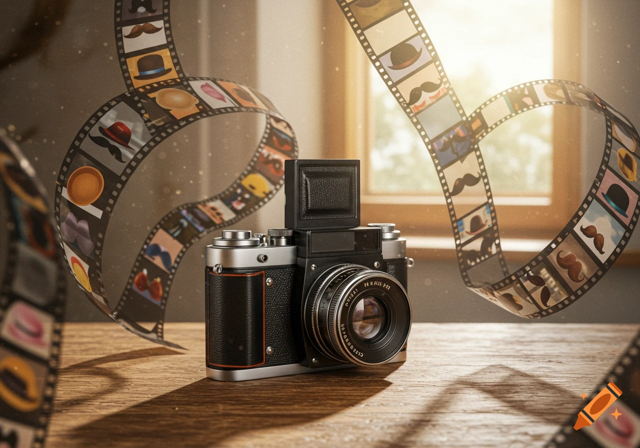 A vintage camera sits on a wooden table, surrounded by swirling film strips depicting mustaches and hats, bathed in warm sunlight.