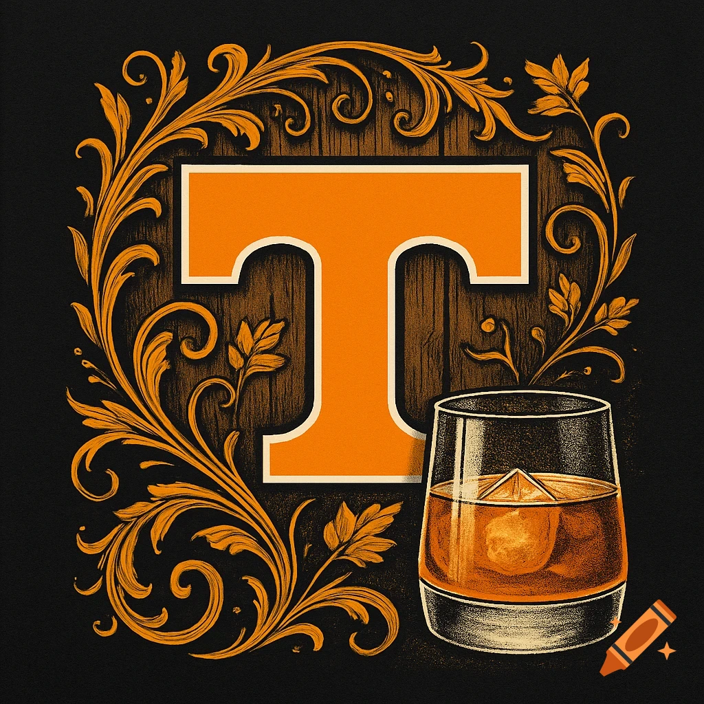 A stylized orange letter 'T' framed by intricate gold floral patterns on a dark wooden background, with a glass of whiskey and ice.
