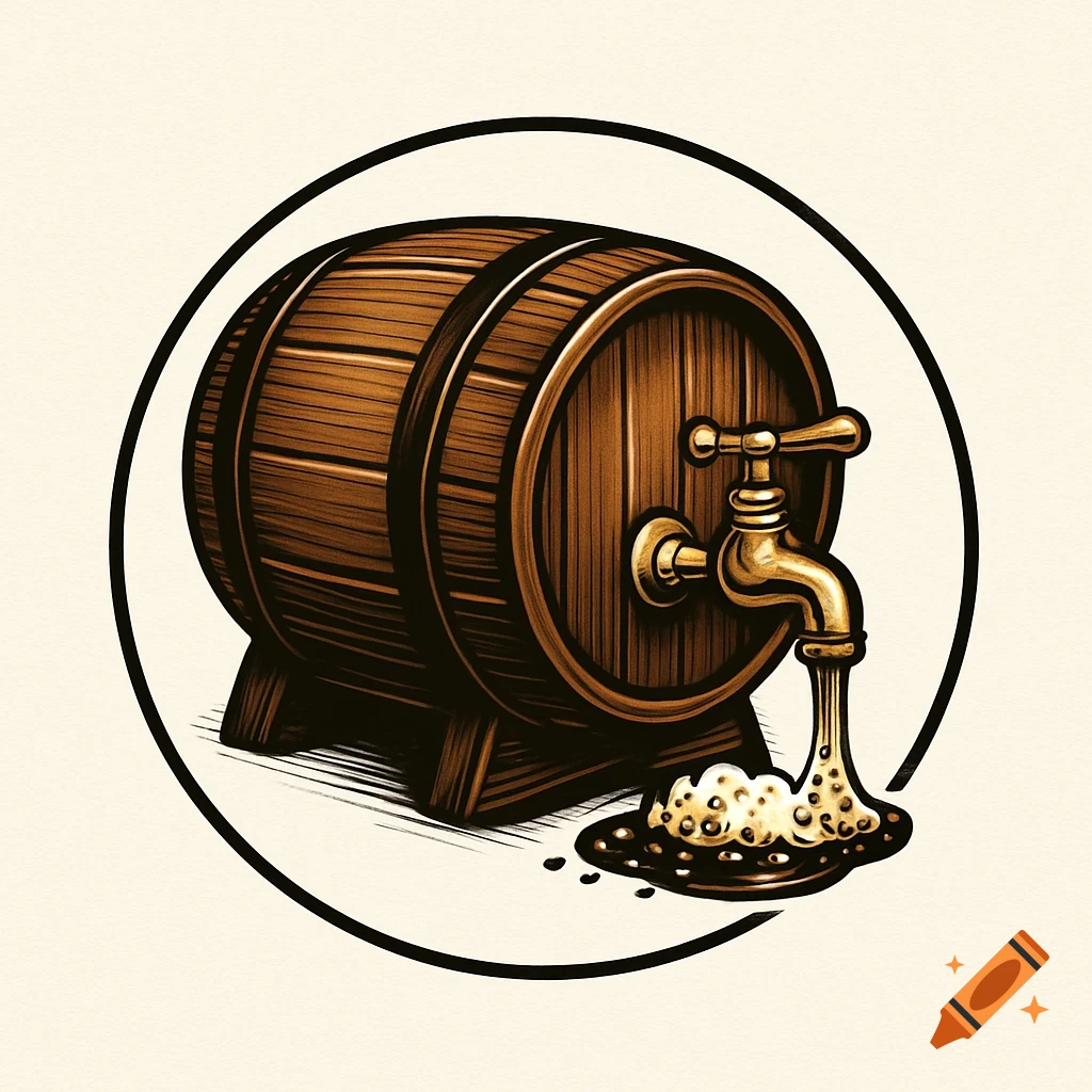 Stylized illustration of a wooden barrel with a golden tap pouring foamy dark liquid, within a black circle.
