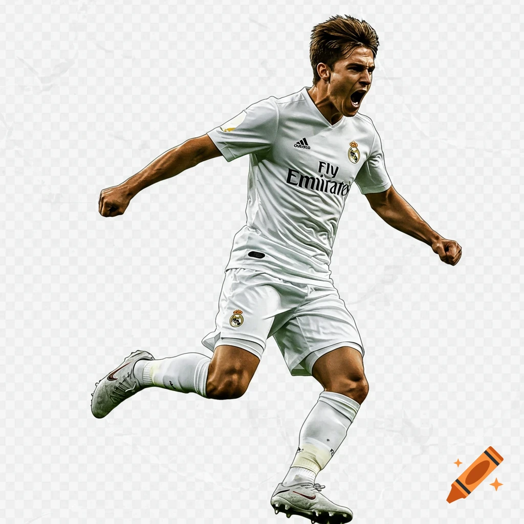 A male Real Madrid soccer player in a white uniform celebrates excitedly, running forward on a transparent background.