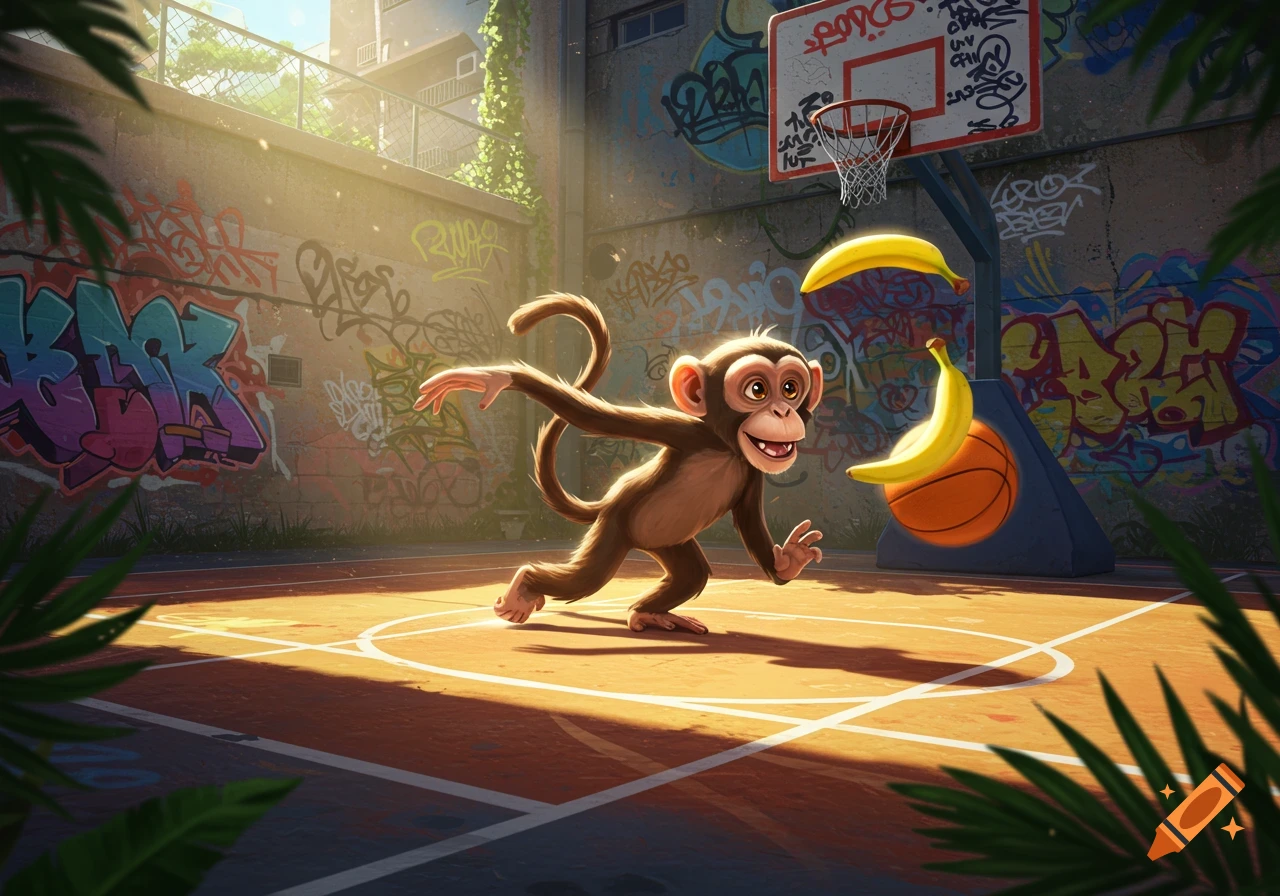A cartoon monkey on a basketball court, about to dribble a basketball with bananas floating nearby. Graffiti covers the walls.