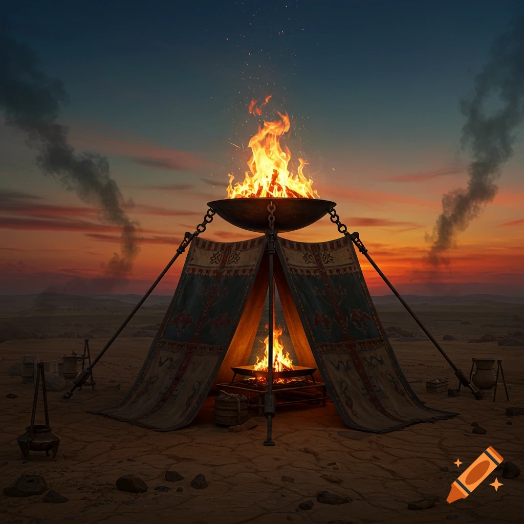 A decorative tent with a large fire burning in a bowl on top and a smaller fire inside, set against a desert sunset.