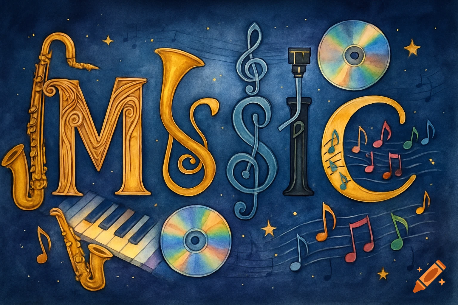 A stylized watercolor illustration spelling 'MUSIC' with letters shaped as instruments, musical notes, CDs, and stars on a dark blue background.