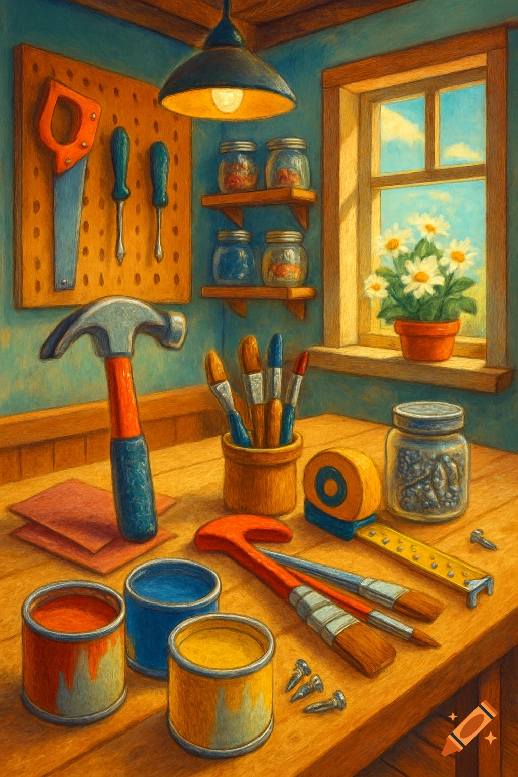 A brightly lit, colorful workbench filled with DIY tools, paint, paintbrushes, and crafting supplies, rendered in a textured, painterly style.