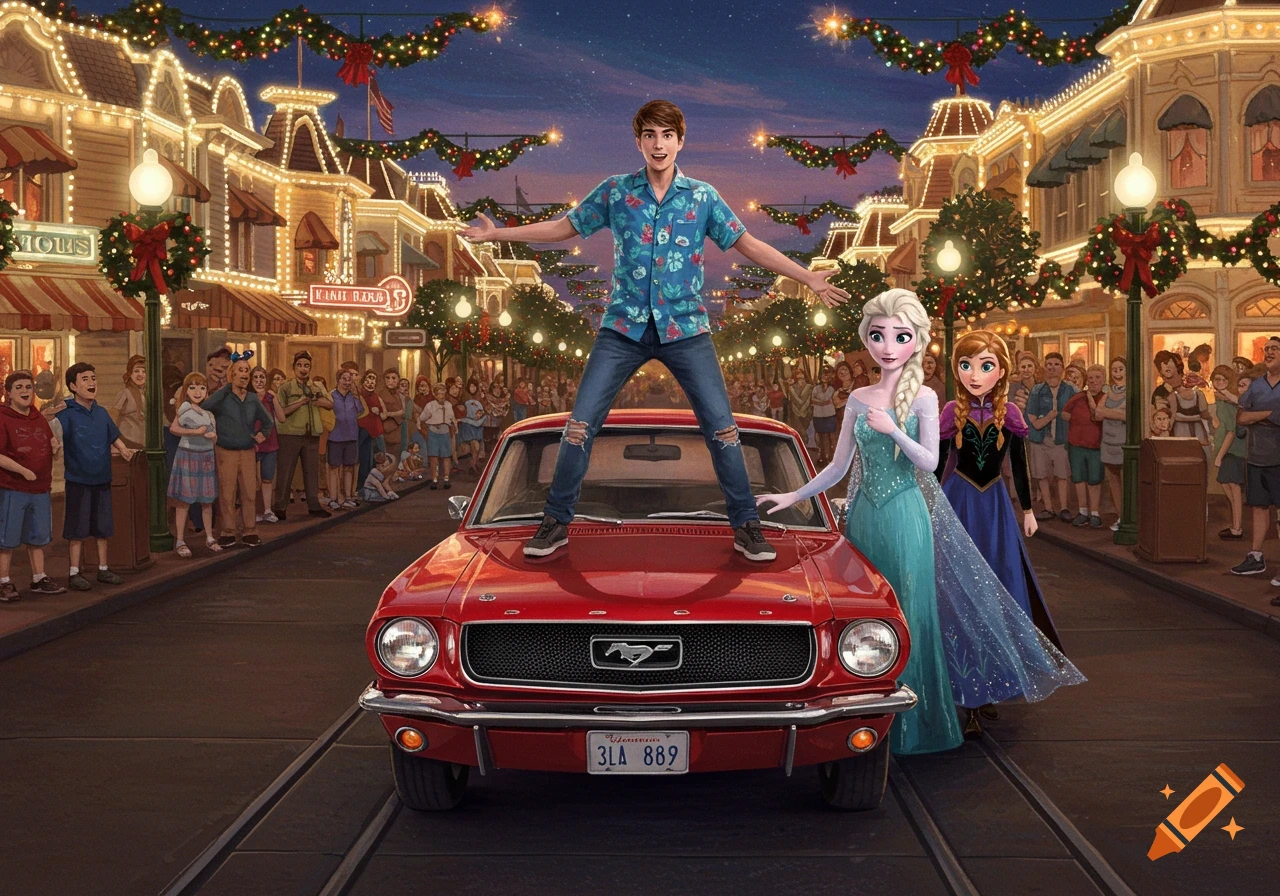 A young man stands on a red 1968 Ford Mustang, with Anna and Elsa beside him, on a Christmas-decorated Main Street U.S.A. filled with people, in an animated style.
